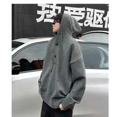 Threebooy Oversize Mens Knitted Hooded Sweatshirt Solid Color Casual Pullover Autumn Winter Comfortable Buttons Loose Lazy Sweater