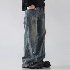 Threebooy Korean Style Large Pocket Workwear Jeans Retro Blue Men'S Baggy Jeans Straight Leg Pants Casual Wide Leg Pants Casual Pants