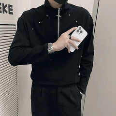 Threebooy Mens Sweatshirt Metal Decoration Rivet Shirt Autumn Fashion Streetwear Personality All-Match Long-Sleeved Top Men'S Clothing