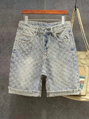 Threebooy Summer Thin Design Ripped Five-Point Pants Loose Casual Mid-Length Pants American Retro Jacquard Denim Shorts for Men