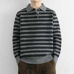 Threebooy Autumn Retro Colorblock Striped Polo Collar Knitwear For Men Korean Fashion Long Sleeve Knitted Pullovers Fleece Y2K Sweaters