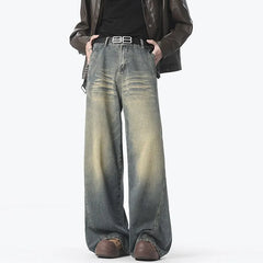 Threebooy American Style Vintage Straight Jeans Men Retro Fashion Mopping Pants Unisex High Street Loose Casual Wide Leg Denim Pants