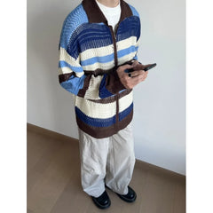 Threebooy Japanese retro striped hollow color-blocked knitted cardigan jacket men's loose contrasting sweater