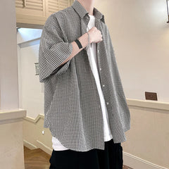 Threebooy Shirt man fashion Streetwear Casual Plaid Shirt Men's Half Sleeve High Quality Loose Spring Summer Fashion Chemise Homme