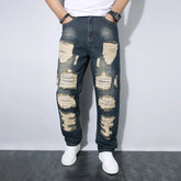 Threebooy Men's Wide Leg Jeans Trendy Brand Straight-leg Pants Beggar Ripped New Style Jeans Breathable Comfortable Men's Regular Trousers