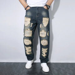Threebooy Men's Wide Leg Jeans Trendy Brand Straight-leg Pants Beggar Ripped New Style Jeans Breathable Comfortable Men's Regular Trousers