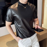 Threebooy Fashion PU T-shirt for Men High-quality Slim Fit Short Sleeve Casual Tshirts Stage Performance Nightclub Tee Top Men Clothing