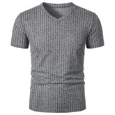 Threebooy Men's running sports fitness wear summer high stretch vertical strip short sleeve V-neck slim knit base shirt