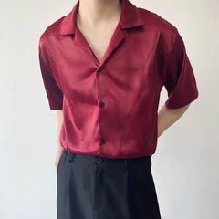 Threebooy Summer Men's Stylish Shirt Cuban collar Satin Silk Wine Red Dress Shirts Short Sleeve Tops Wedding Prom Party Holiday Blouse Man