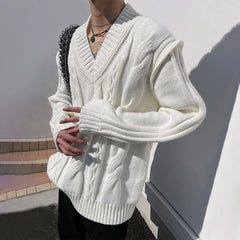 Threebooy Mens Autumn Winter V-Neck French Twist Knitted Sweater Essential Genderless Retro Casual Youthful Fashion Couple Sweater Unisex