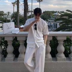 Threebooy Summer Men's Loose Ice Silk Suits Fashion Casual V-neck Short Sleeve T-shirt And Pants Drape Two-piece Sets Men Clothes