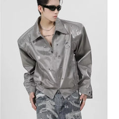 Threebooy HIP HOP 90s Streetwear Metal high street padded shoulder jacket men short style loose collar jacket