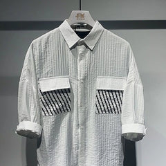 Threebooy Y2K Mens Shirt Patchwork Striped Pocket Short Sleeved Shirt Summer Casual Tassel Sequin Fashion Japanese Top Men's Clothing