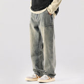 Threebooy New autumn winter washed yellow mud jeans for men with a high-end feel, American plus size wide leg pants