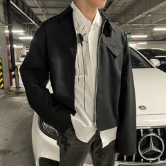 Threebooy Short Lapel Jacket Men's Spring Autumn Vintage Handsome High Street Jacket Men Women's Versatile Preppy Zipper Up Coat