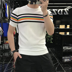 Threebooy Clothing Men's Summer Knitted T-shirts/Male Slim Fit Stripe Fashion Business T-shirt O-Neck Casual T-Shirt Streetwears