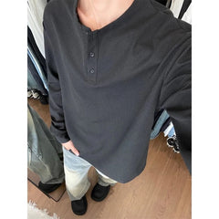 Threebooy Men's Plus Size Button Street Casual Tops Spring Autumn Long Sleeve Solid Simplicity Korean T Shirts Fashion Harajuku Clothing