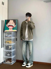 Threebooy Spring Autumn Vintage Coat American Retro Heavy Washing Canvas High-end Jacket Men's Stand-up Collar Design Casual Jacket Chic