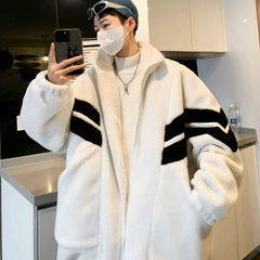 Threebooy Striped Berber Fleece Jacket Men Stand Collar Winter Parka Coat Men Casual Loose Thick Warm Jackets Man Plus Size 3XL-M