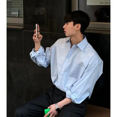 Threebooy Spring New Korean Light Blue Shirt Men Oversized Solid Color Lapel Button Pocket Loose Business Casual Long Sleeve Mens Shirts