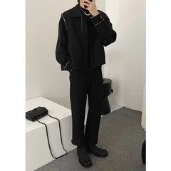 Threebooy Fashion Black Stitching Jacket Men's Buttons Spring Autumn New Loose Turndown Collar Single-breasted Long Sleeves Tops Jackets