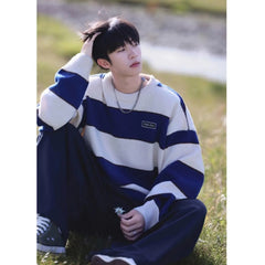 Threebooy Hip Hop Korean Stripe Contrast Color Autumn and Winter New Fashion Sweater Men's Loose Relaxed Student Round Neck Lazy Style