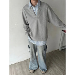 Threebooy Autumn American retro loose fitting fake two-piece long sleeved sweatshirt men's casual patchwork striped top