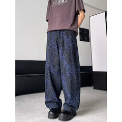 Threebooy Y2K Fashion Blue Leopard Straight Baggy Jeans Pants For Men Clothes Wide Leg Long Trousers