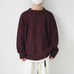 Threebooy Mens Sweater Twist Texture Side Button Knitted Sweater Streetwear Fashion Youth Campus Versatile Long Sleeve Tops Men'S Clothing