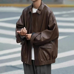 Threebooy Mens Pu Leather Jacket Maillard Biker Pu Jacket Autumn Motorcycle Fashion Streetwear Simple Casual Jacket Men'S Clothing