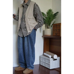 Threebooy Japan Cityboy Style Jacket Retro Work Clothes Striped Shirt Vest Korean Streetwear Men Women Loose Trendy Long-sleeved Jacket