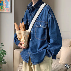 Threebooy Men's Long Sleeve Classic Hawaiian Cargo Shirts Pocket Loose Denim Shirts Fashion Trend Coats Blue Color Camisa Masculina