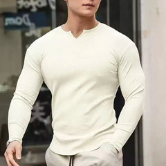 Threebooy Threaded Bottoming Shirt Sports Long-Sleeved Fitness Solid Color T-Shirt Training Striped Top Mens V-Neck Elastic Gym Clothing