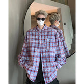 Threebooy Men Shirt Plaid Tie-dye Long Sleeve Mens Casual Loose Shirt Autumn High Quality Oversized Male Checked Shirt Red/Blue/Gray