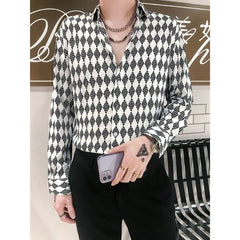 Threebooy Spring Autumn Fashion Pure Cotton Turn-down Collar Long Sleeve Diamond Check Blouse Men's Clothing Trend Button Vintage Shirts