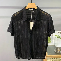 Threebooy Elegant Shirt Striped Simple Hollow Short-sleeved Top Summer Thin Loose Handsome Casual Drooping Men's Shirt Aesthetic