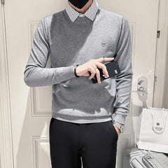 Threebooy Fashion Lapel Button Knitted Spliced Fake Two Pieces Sweater Men's Clothing Autumn New Loose Casual Pullovers Korean Tops