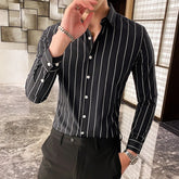 Threebooy Korean Fashion Men's Shirts Button Down Slim Fit Long Sleeve Striped Shirt