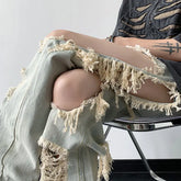 Threebooy Y2K Tassel Ripped Jeans Men High Street Beggars Pants