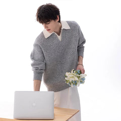 Threebooy Men's Color-blocking Patchwork V-neck Sweater Light Luxury Knitted Long Sleeve Pullover Autumn Korean Trendy Male Clothing M-3XL