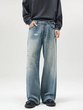 Threebooy Men's Fashion Paint Spots Baggy Straight Jeans Vintage Ice Blue Denim Pants High Street Hip Hop Trousers Mens Designer Clothes
