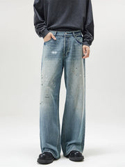 Threebooy Men's Fashion Paint Spots Baggy Straight Jeans Vintage Ice Blue Denim Pants High Street Hip Hop Trousers Mens Designer Clothes