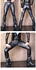 Threebooy masculina New slim-fit men's leather pants PU leather pants tight low-waisted U-flare pants motorcycle pants