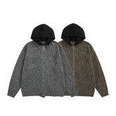 Threebooy Elegant Versatile Long Sleeve Angora Hooded Zip-Up Cardigan Sweater Street Style Color Blocking