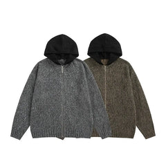 Threebooy Elegant Versatile Long Sleeve Angora Hooded Zip-Up Cardigan Sweater Street Style Color Blocking