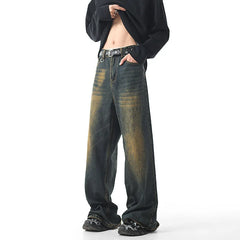 Threebooy Autumn Vintage Distressed Men's Baggy Straight Jeans Fashion High Street Denim Pants Streetwear Male Trousers