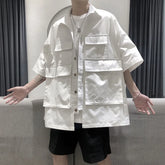 Threebooy Mens Big Pocket Workwear Short-Sleeve Shirt Streetwear Fashion Youth Trendy Solid Color Versatile Tops Men'S Clothing Spring New