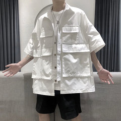 Threebooy Mens Big Pocket Workwear Short-Sleeve Shirt Streetwear Fashion Youth Trendy Solid Color Versatile Tops Men'S Clothing Spring New