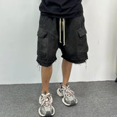 Threebooy Ribbons Streetwear Multi-pockets Cargo Short for Men Elastic Waist Wide Leg Baggy Jeans Knee Length Pants Loose Overall