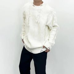 Threebooy Mens Sweater Damaged Tassel Casual Knit Sweater Streetwear Fashion Youth Campus Comfortable Long-Sleeved Top Male Men'S Clothing
